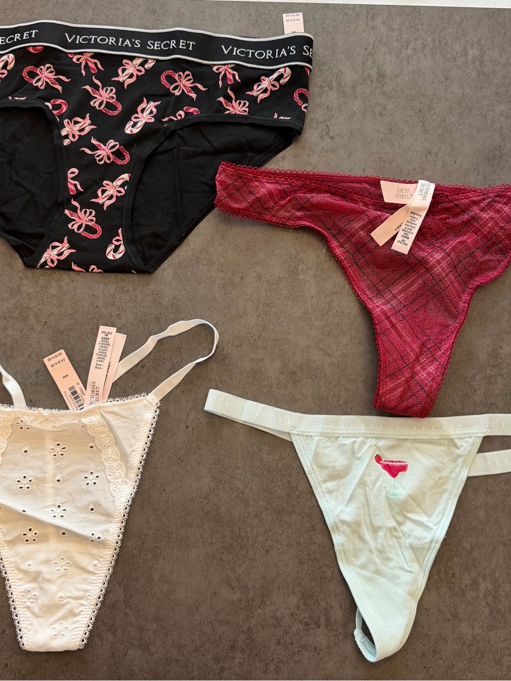 Victoria's Secret Black Bikini with Pink Bow Print + Assorted Thong Set